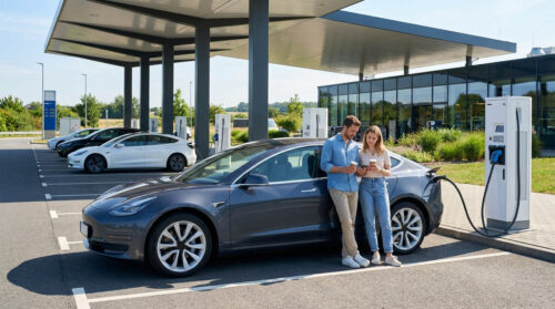 Un couple boit un café en attendant que leur voiture électrique grise recharge à une borne rapide en extérieur.