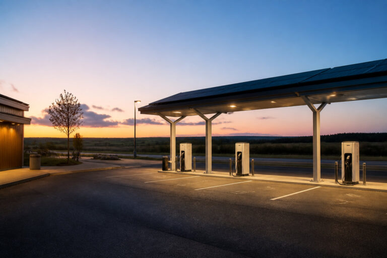 Bornes de recharge électrique sous un abri avec panneaux solaires au coucher du soleil.