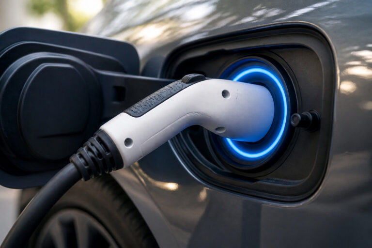Pistolet de recharge inséré dans le port d'une voiture électrique avec un indicateur lumineux bleu vif.