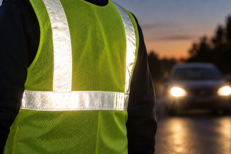 Gros plan sur le dos d'une personne portant un gilet jaune fluorescent avec des bandes réfléchissantes, une voiture au loin.