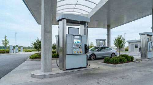 Pompes à essence modernes sous un auvent dans une station-service avec une voiture argentée en arrière-plan.